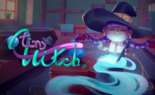 Main cover art of Tiny Witch, showing a little witch preparing minons in a magical shop.