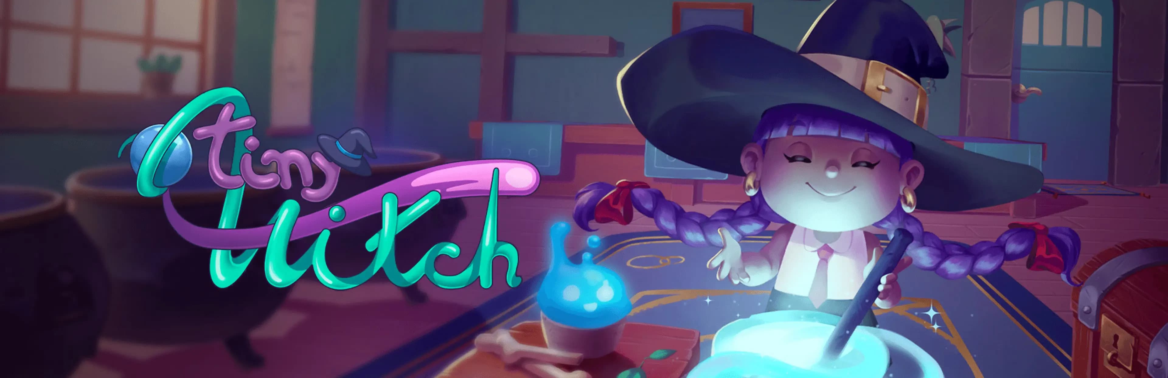 Wide cover art of Tiny Witch, featuring a little witch crafting potions in her magical shop.